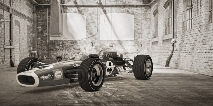 Lotus vintage open wheel racing car in old warehouse interior sepia 3D illustration