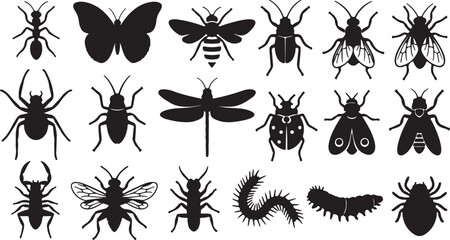 Black insect silhouettes set, 18 bug icons collection, minimalist nature vector elements, butterfly and beetle symbols for educational design © MuhammadMajid