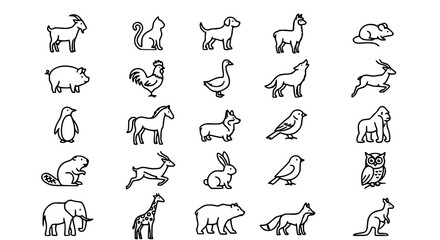 Animal line art set minimalist outline zoo and farm animals vector collection © MdArif