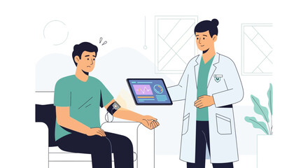 Fototapeta premium Doctor checking patient's blood pressure with tablet, medical checkup illustration