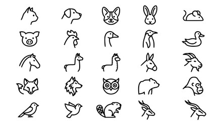 Fototapeta premium Minimal geometric animal line icons set wildlife and farm animal vector design pack