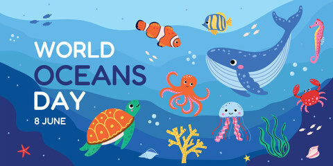 Oceans poster with cute sea animals and underwater elements. World oceans day. Vector illustration with whale, turtle, octopus, jellyfish, fish, crab and coral reef. © Hanna Bykova