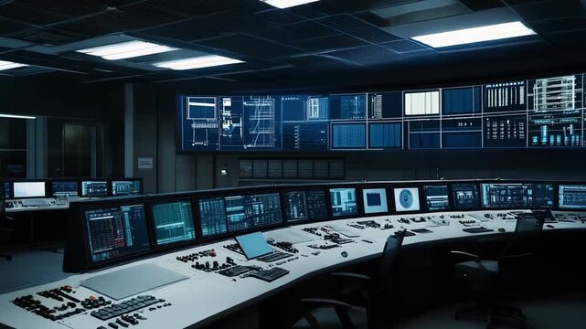 Modern command center featuring a curved console with multiple screens displaying complex data and information, facilitating advanced cybersecurity and technology management