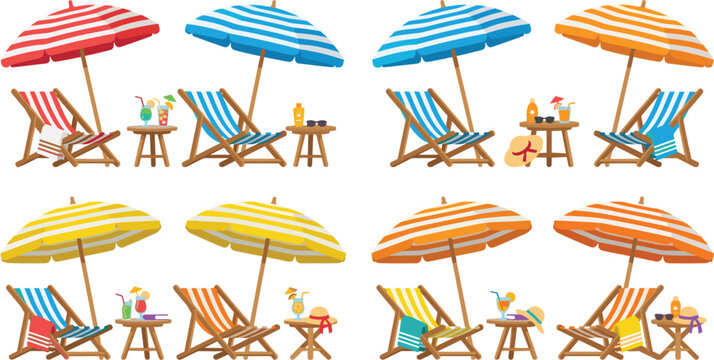 Colorful summer beach chairs with striped umbrellas and tropical drinks set for vacation holiday design