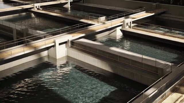Concrete basins and channels with flowing water in a modern treatment facility, representing industrial processes for environmental sustainability and resource management