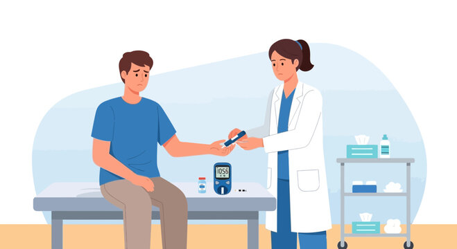 Doctor checks patient's blood sugar level with glucose meter, diabetes checkup