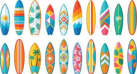 Large set of colorful surfboards with various patterns including tropical palm leaves hibiscus flowers and geometric shapes © Arishfa