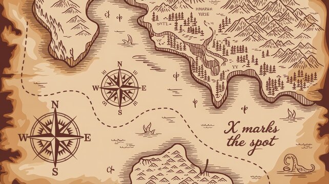 Vintage treasure map with compass rose, dotted lines, and "X marks the spot" for adventure and discovery.