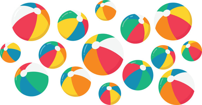 Large set of colorful inflatable beach balls with various striped patterns for summer vacation and pool party design