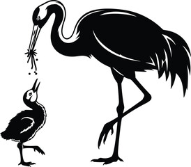 Naklejka premium Black silhouette of a large bird feeding a smaller bird, vector illustration for wildlife and n