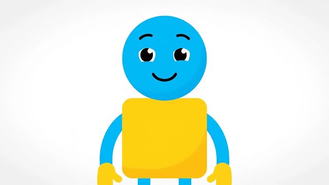 A cheerful cartoon character with a blue face and yellow body appears happy