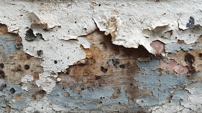 Close-up of old, peeling paint on a weathered wall showing layers of decay and texture.