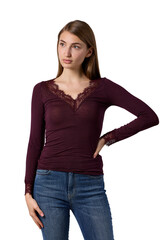 Obraz premium Slavic woman in burgundy lace top and jeans