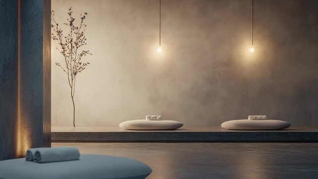 Serene interior space featuring soft lighting, neutral tones, and wabi sabi aesthetics, evoking a sense of tranquility and wellness for relaxation and stress relief