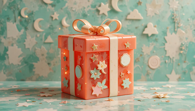 An isolated red Christmas gift box wrapped in festive paper with a luxury gold ribbon and decorative bow makes a perfect holiday surprise or celebration present for a birthday or anniversary