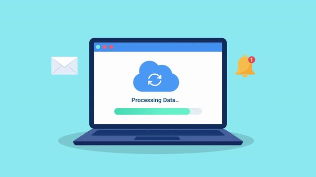 Animated flat illustration of a laptop displaying cloud data processing interface with email and notification elements, representing digital communication and workflow systems.