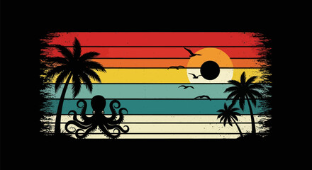 Sunset beach scene with octopus and palms © Corneto
