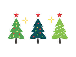 Obraz premium Three decorated christmas trees with star ornaments and snowflakes Vector