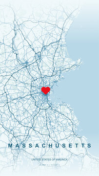 Modern minimalist vector map of Massachusetts, USA. High-quality scalable illustration of Massachusetts state borders, Cape Cod, Boston city grid for posters and geographic design.