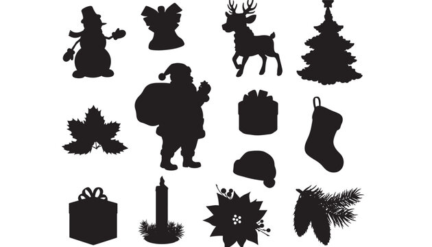 set of silhouettes of christmas trees and santa-claus.