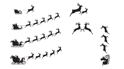 Santa sleigh silhouette with reindeer parade on a sleigh line and individual reindeer icons for holiday decorations © Harry 
