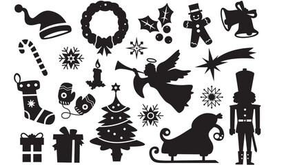Obraz premium Christmas winter icons set with nutcracker, angel, cat, wreath, snowflakes, and holiday gift symbols