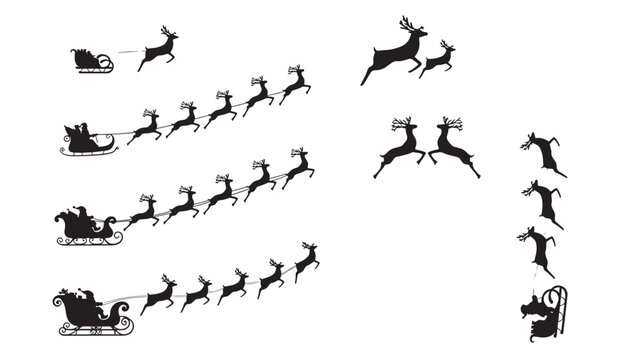 Santa sleigh silhouette with reindeer parade on a sleigh line and individual reindeer icons for holiday decorations