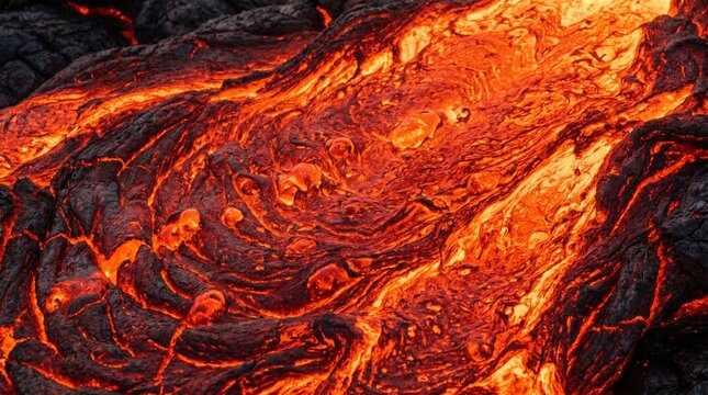 Molten lava texture with vibrant orange and yellow flames on dark background