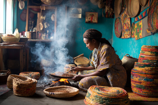 Traditional Ethiopian coffee ceremony cafe on Addis Ababa street, woman roasting beans over coals, incense smoke rising, colorful woven baskets around