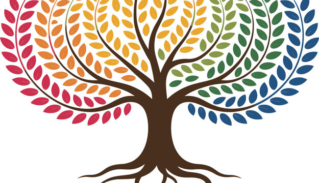 Colorful Tree of Life: A vibrant illustration showcasing a majestic tree with colorful foliage and intertwining branches, symbolizing growth, harmony, and interconnectedness.
