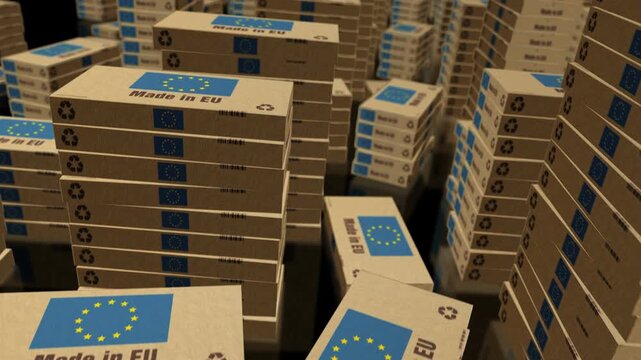 Made in EU box production line. European Union export import Cardboard pack factory. Abstract concept 3d loopable seamless.
