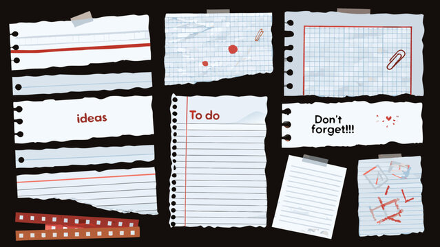 collection of torn paper notes and scraps with handwritten text on black background