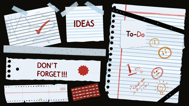 collection of handwritten note scraps with doodles and text on black background