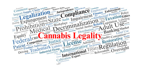 Fototapeta premium Cannabis Legality Word Cloud. A visual representation of terms regarding the transition from prohibition to regulated markets, medical access, social equity, and federalism conflicts.