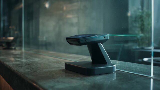 Modern point of sale scanner securely processing transactions with an active green laser beam on a minimalist counter in a retail environment, symbolizing fast, essential commerce technology