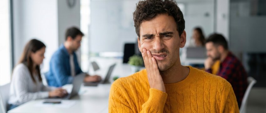 Man feeling dental pain while working in a modern office with colleagues