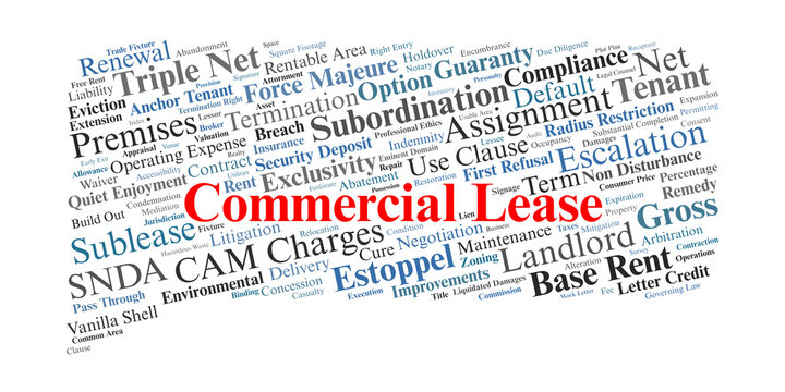 Commercial Lease Word Cloud. A visual synthesis of key legal terms regarding business tenancies, rent structures, Triple Net obligations, and risk allocation for legal experts.