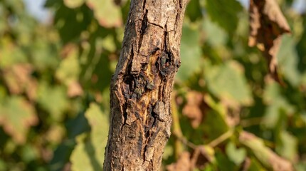 Fototapeta premium Macro detail of infected plant stem with cracks and dark lesions, agricultural pathology realism, shallow depth of field