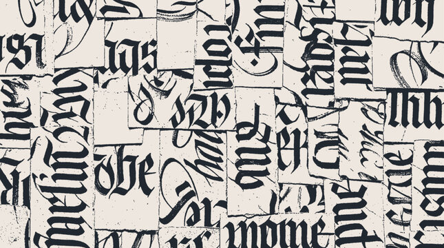 Abstract vector collage background with cut paper pieces featuring black gothic calligraphy. Vintage typography texture design.