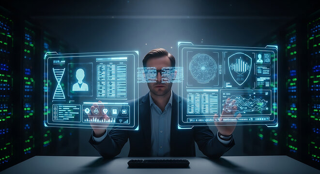IT professional ensuring HIPAA compliance and medical data privacy using futuristic digital interfaces in a secure data center for healthcare security