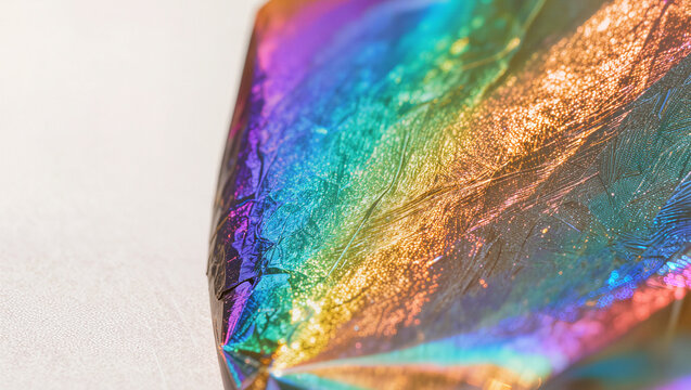 Premium abstract iridescent crystal macro with rainbow holographic reflection on rough mineral surface, futuristic gem science concept, editorial background with copy space