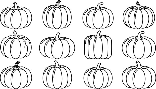 Pumpkin outline icon collection with hand drawn autumn harvest squash illustrations isolated black and white vector design set