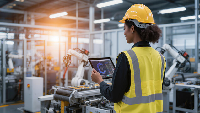 Focused diverse female engineer in yellow hardhat and safety vest using tablet near robotic arms in modern smart factory, authentic industry 4 0 automation concept, editorial B2B photography