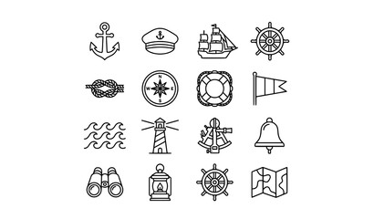 Fototapeta premium Sailor outline icon collection with nautical and maritime vector symbols