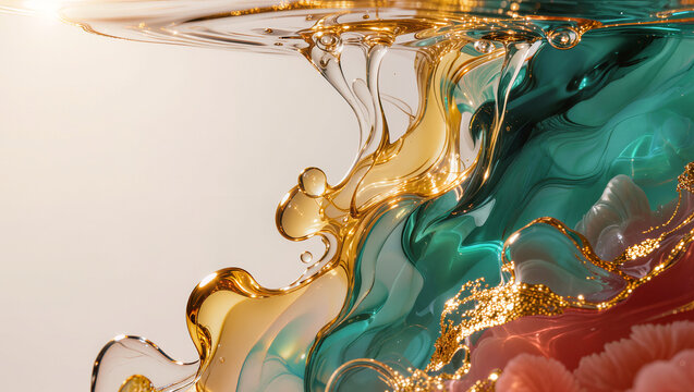 Premium abstract fluid art with swirling gold teal pink liquid waves and metallic sparkle on cream background, luxury marble alcohol ink concept, editorial background with copy space