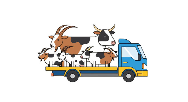 A small blue truck transporting farm animals like cows and goats for livestock logistics and rural agriculture business delivery concepts