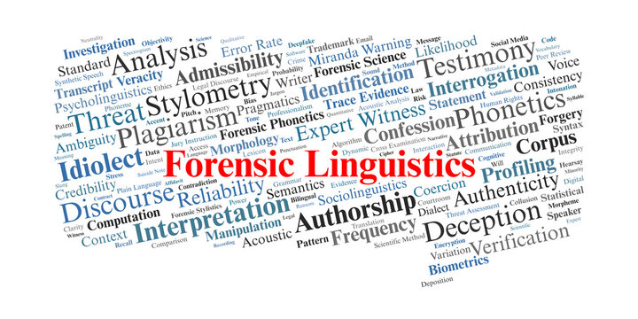 Forensic Linguistics Word Cloud. A visual representation of key concepts in authorship attribution, voice identification, and the scientific analysis of legal discourse and evidence.
