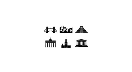 Naklejka premium Global Landmark Icons Set, Architectural Silhouettes Collection, Famous Buildings Vector Graphics, Travel Destination Symbols, Monumental Structures