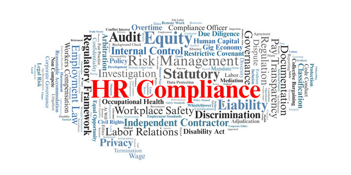 HR Compliance Word Cloud. A Visual Summary Of Key Concepts In Employment Law, Regulatory Mandates, Risk Management, And Statutory Workplace Standards For Legal Experts.