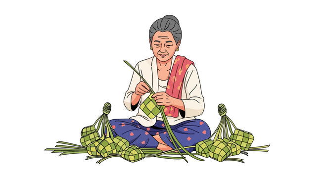 Elderly Asian Woman Weaving Traditional Rice Cakes From Palm Leaves For Cultural Holiday Celebration In A White Background Isolated Studio Setting